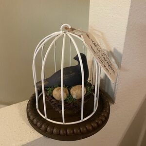 Cloche/Cage with Blue/Gold Painted Brass Bird and Eggs in Nest.Added French Tag.